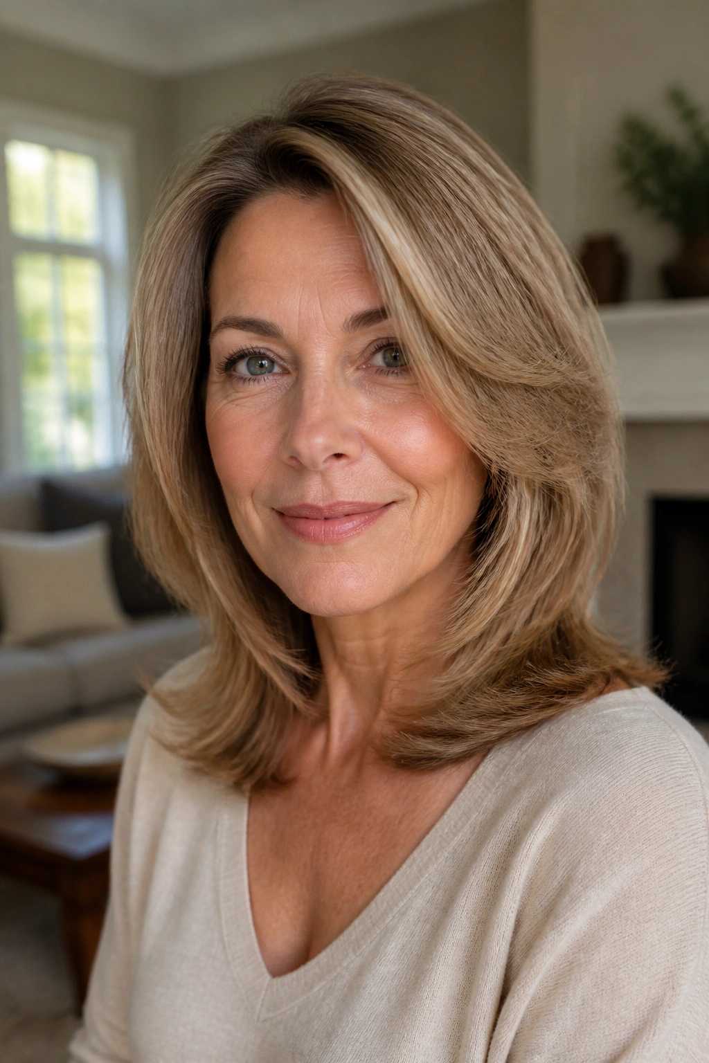 Close-up portrait of a woman with mid-length blowout layers framing her face in warm window light