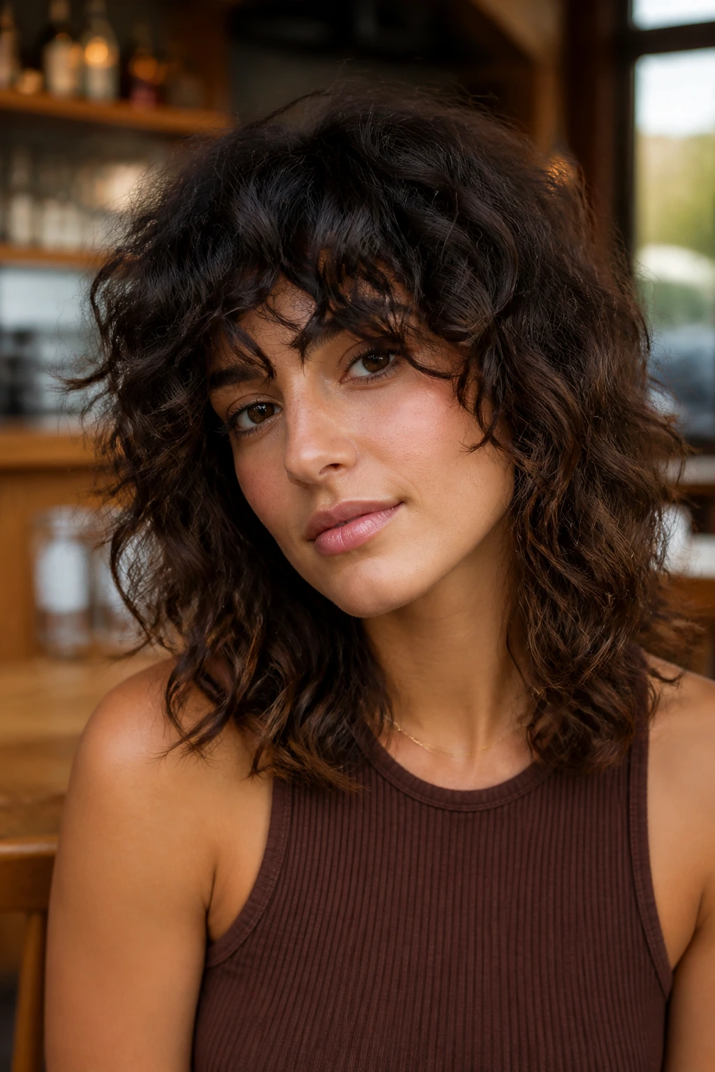Medium close-up of a real woman with mid-length curly shag and piecey ends