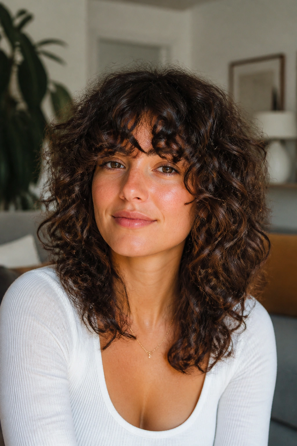 Close-up of a real woman with mid-length curly shag and invisible layers in a cozy living room