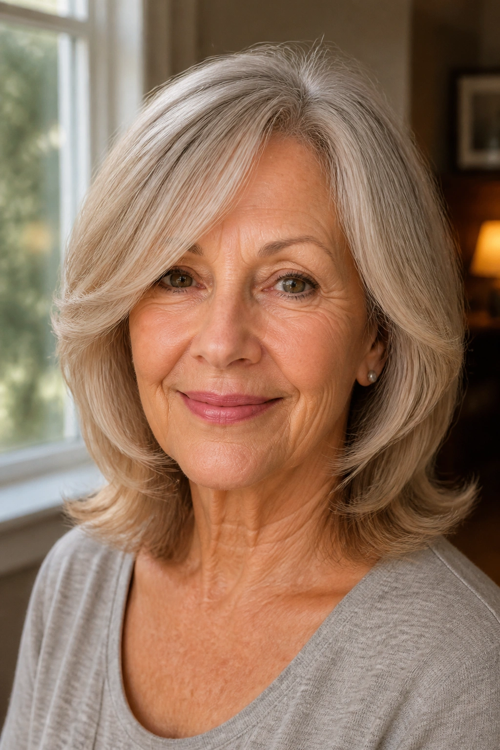 Older woman with shoulder-length hair and face-framing layers