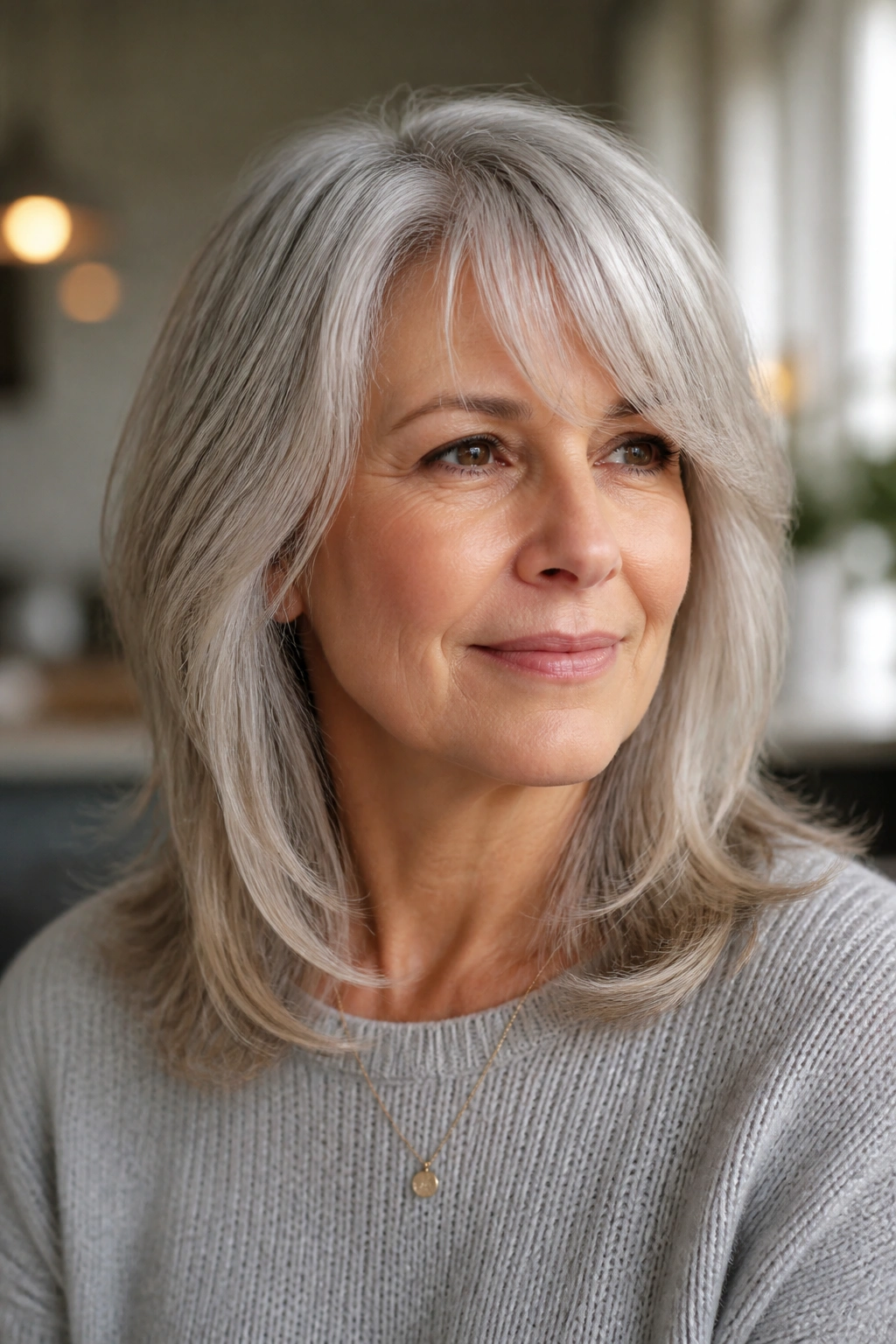 Close-up of a real woman with a mid-length cut and long layers