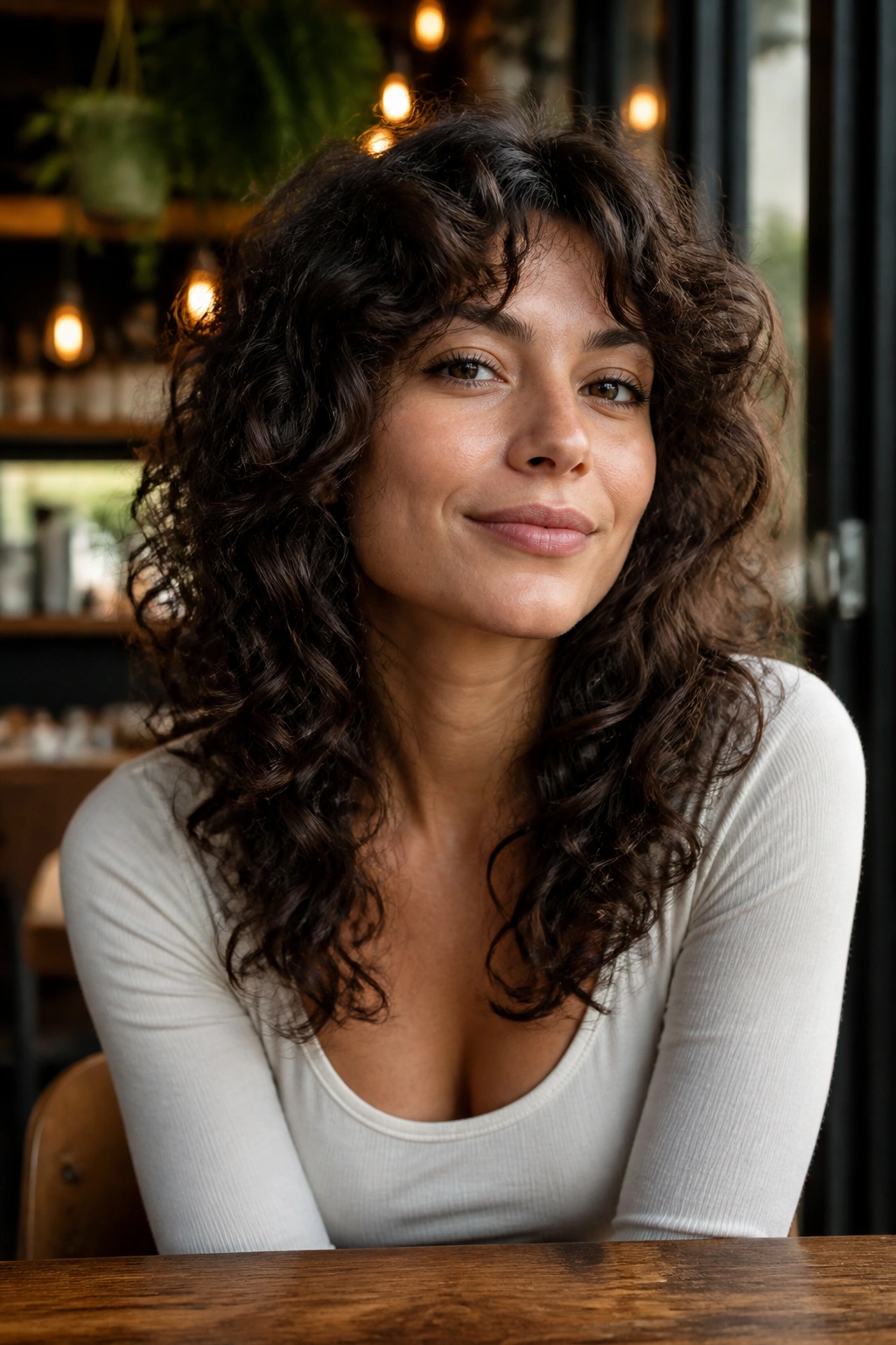 Close-up of a real woman with mid-length dense curl shag