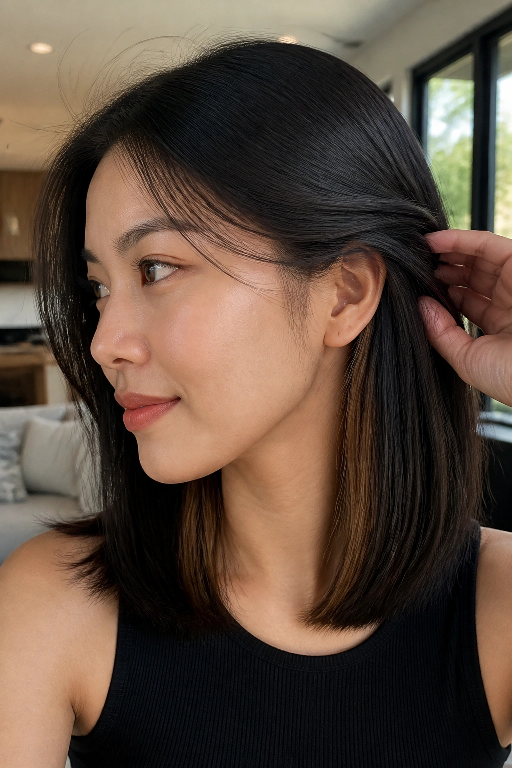 Close-up portrait of a real person with Sleek Mid-Length Cut and Subtle Brown Highlights