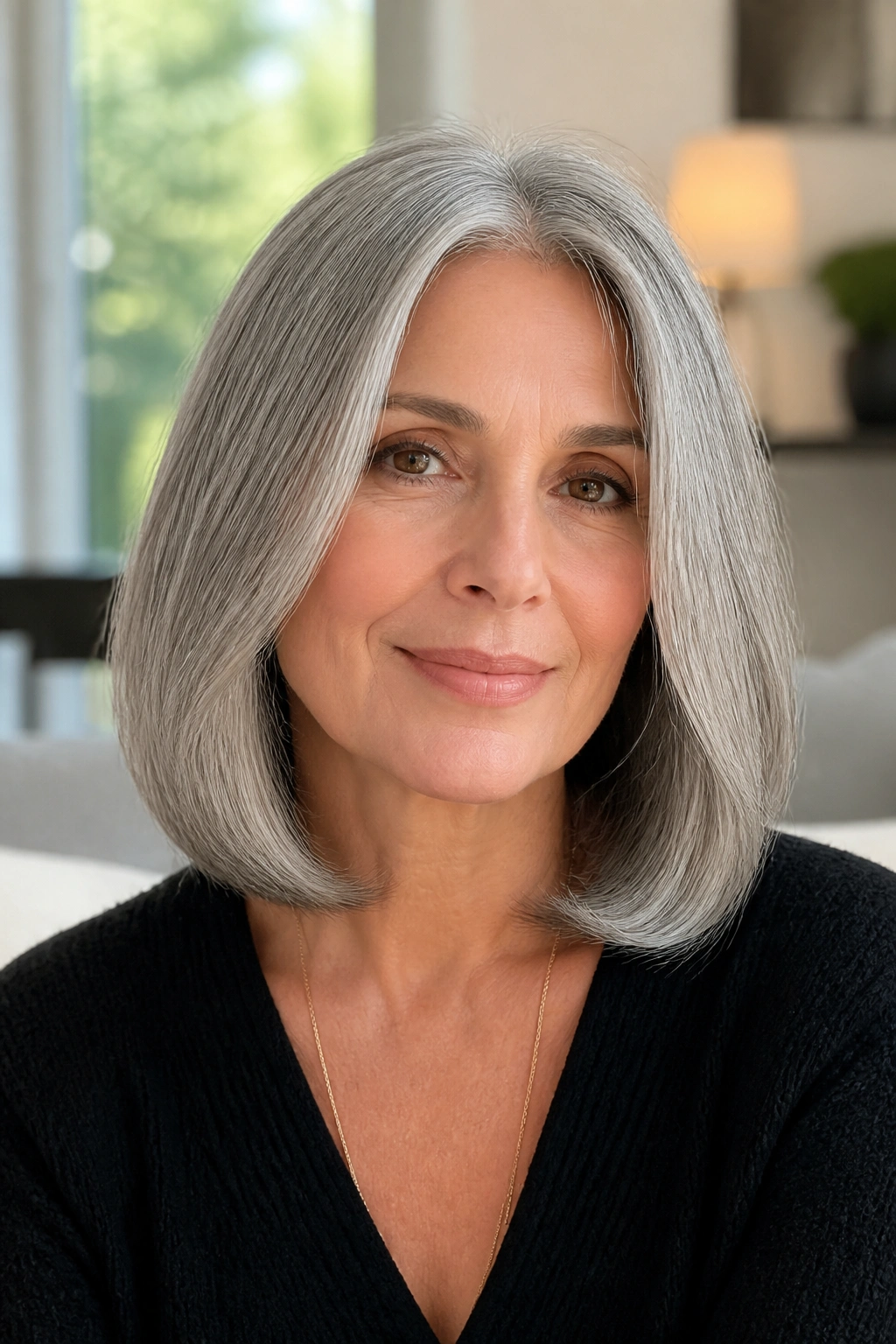 Close-up portrait of a woman with a mid-length cut and tucked-in ends