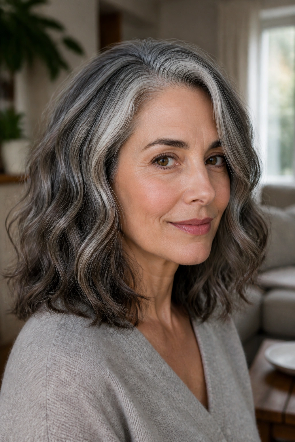 Close-up of a real woman with wavy mid-length hair and charcoal lowlights