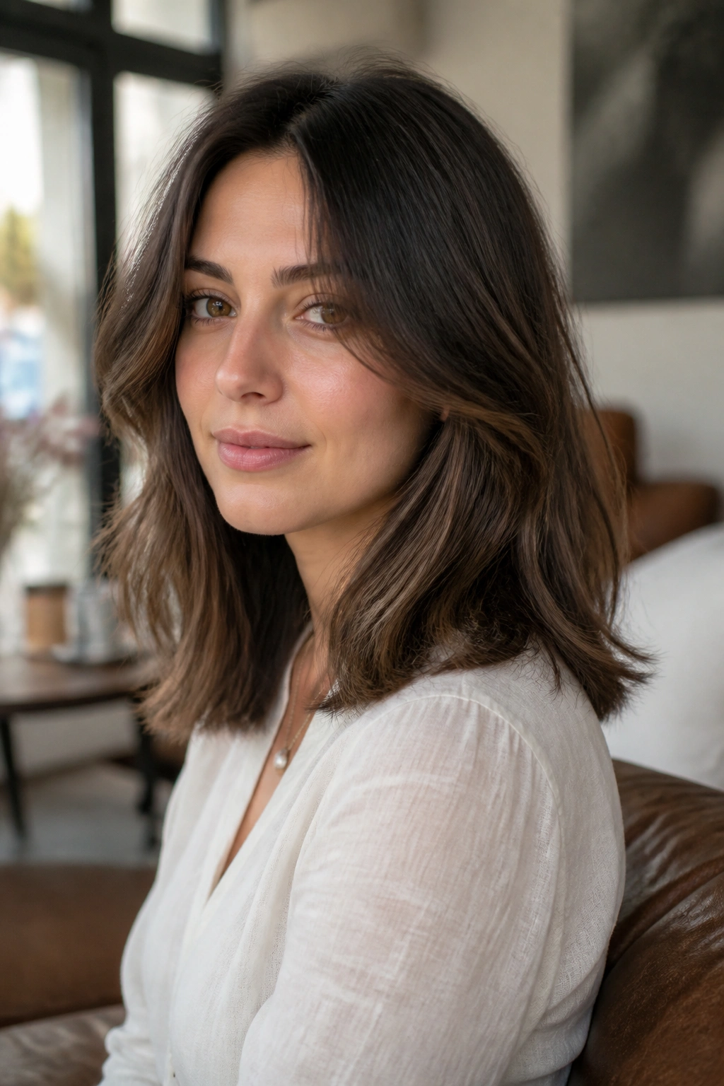 Portrait of a woman with a mid-length haircut featuring invisible layers.