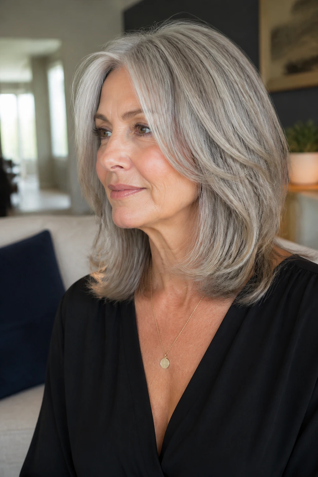 Portrait of a woman with a mid-length haircut featuring internal layers.