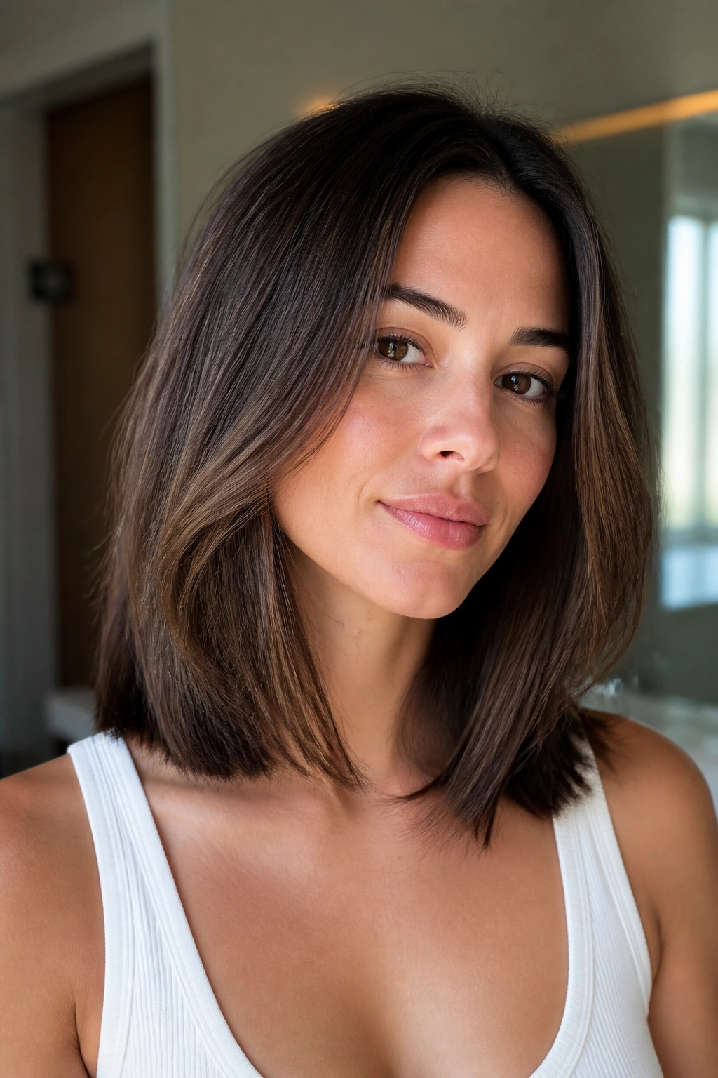 Close-up of real woman's head with air-dried mid-length hair and soft layers