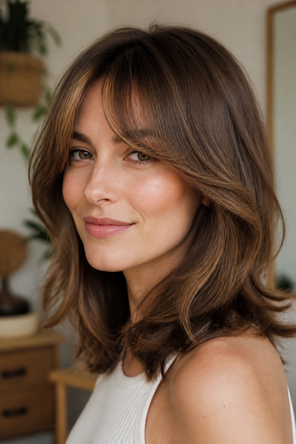 Close-up of a woman with mid-length layers and bottleneck bangs
