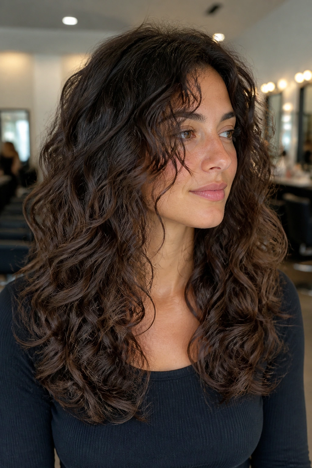 Real woman with mid-length layers and a full bottom, soft waves.