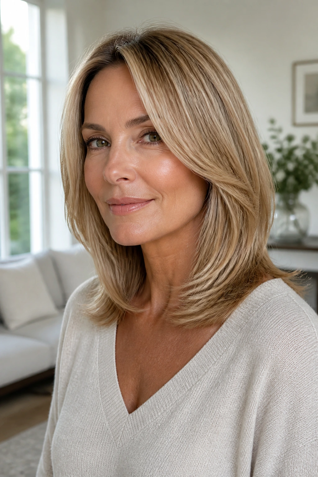 Close-up of a real woman with polished mid-length honey-blonde layers