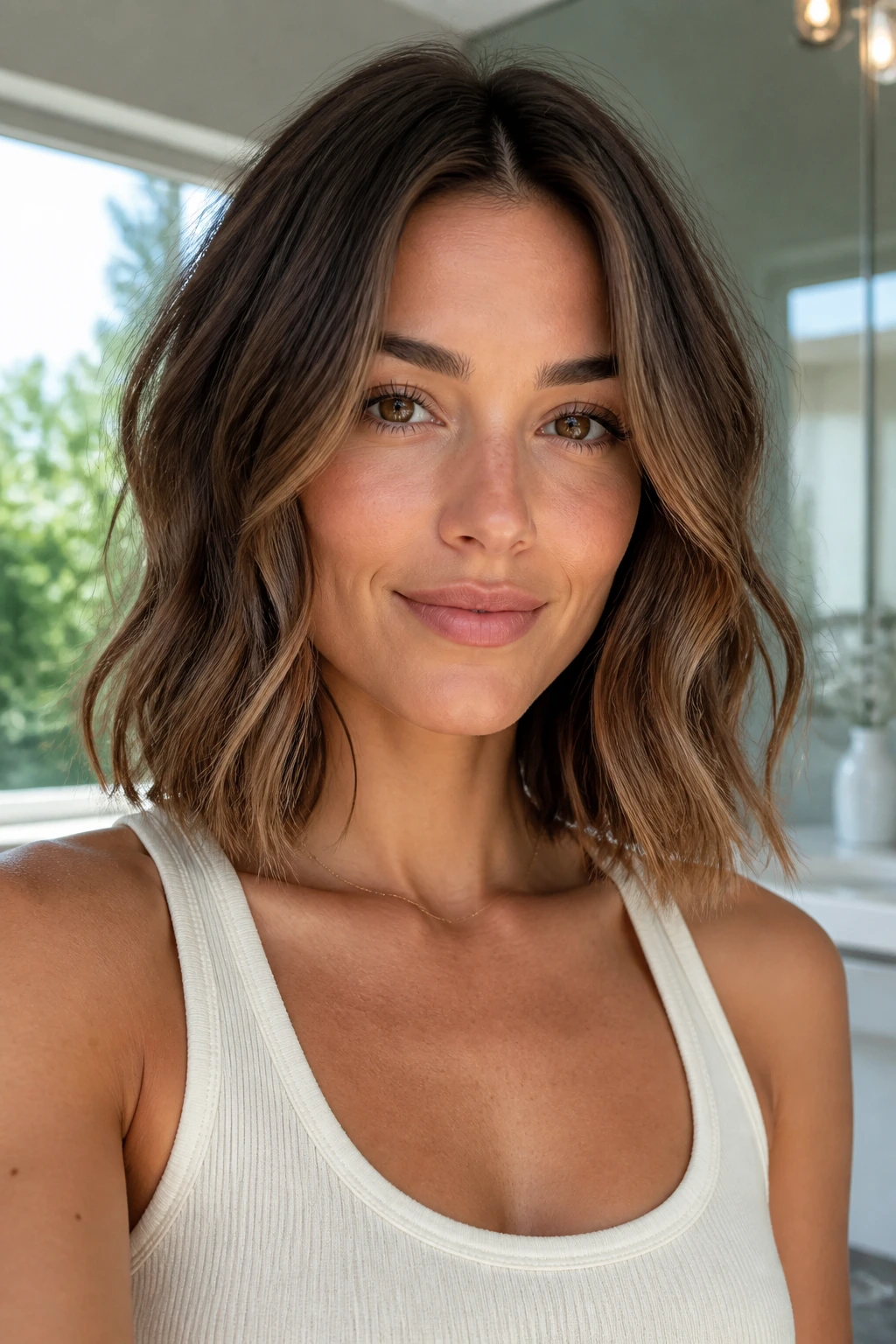 Close-up of a woman with a collarbone-length lob and soft waves in daylight