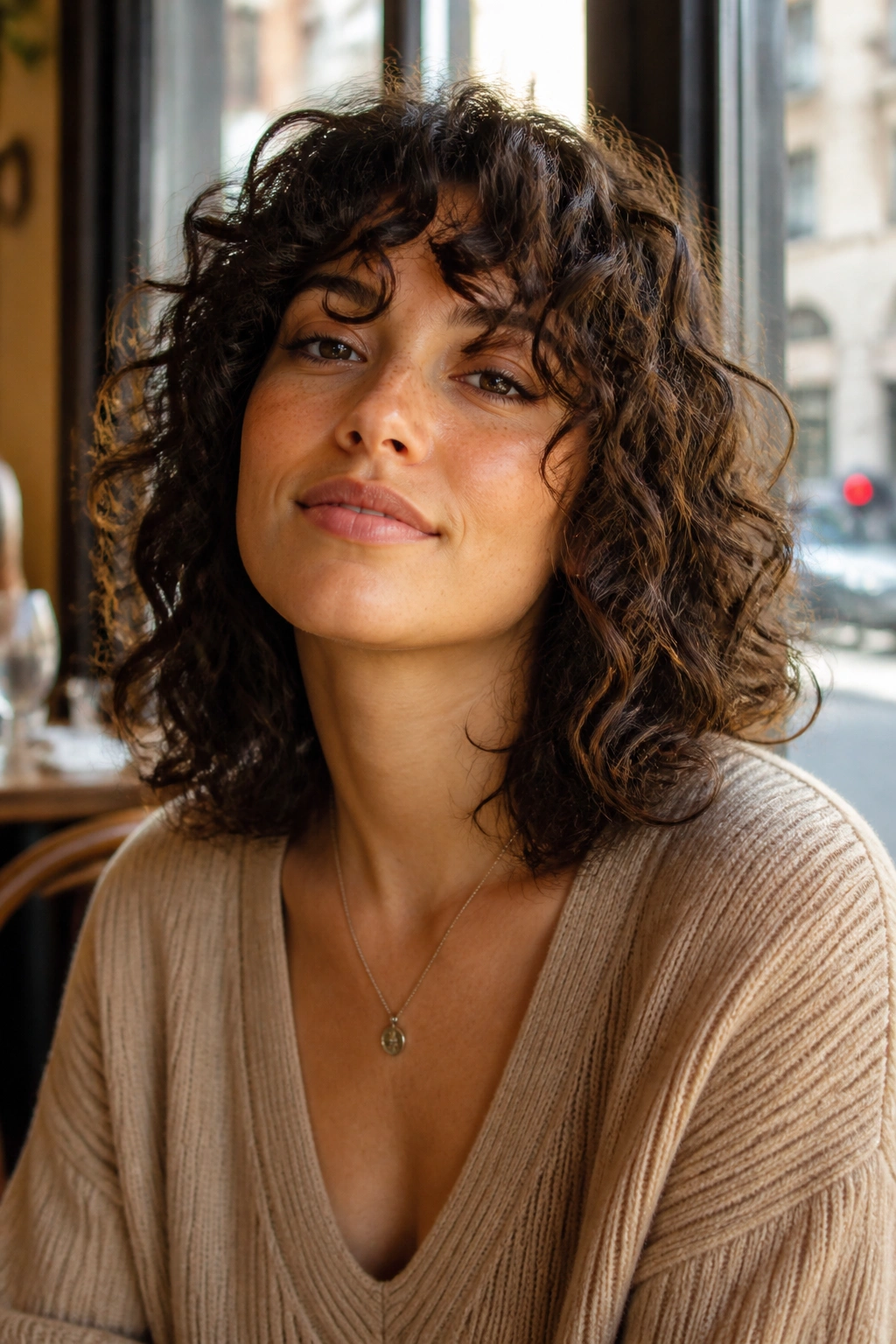Medium close-up of a real person with mid-length curly hair and choppy ends in a cafe setting