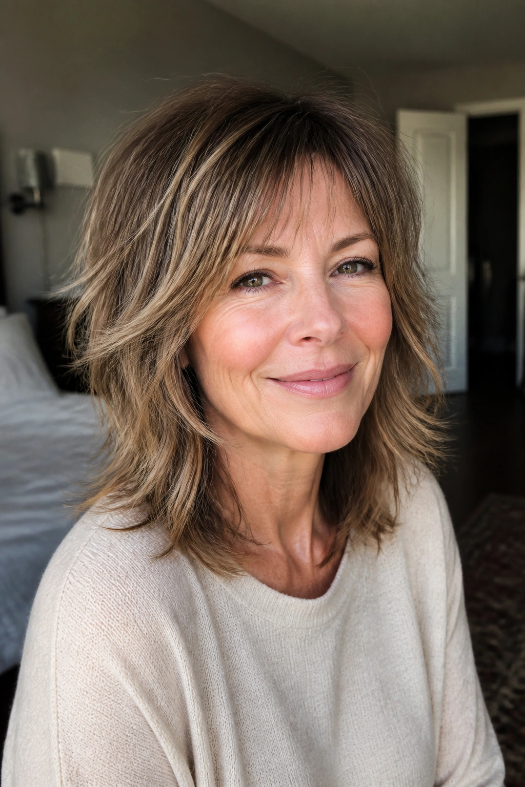 Close-up portrait of a real woman with mid-length shag for fine hair in natural window light