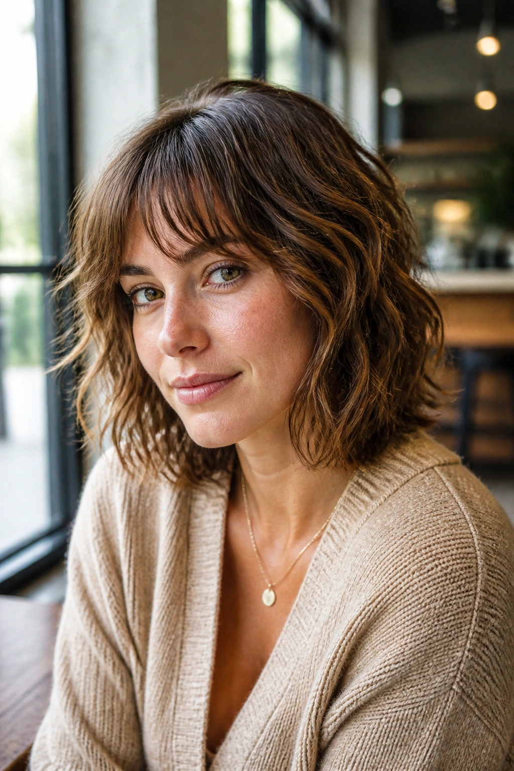 Portrait of a real woman with mid-length shaggy bob and soft layers in natural cafe light