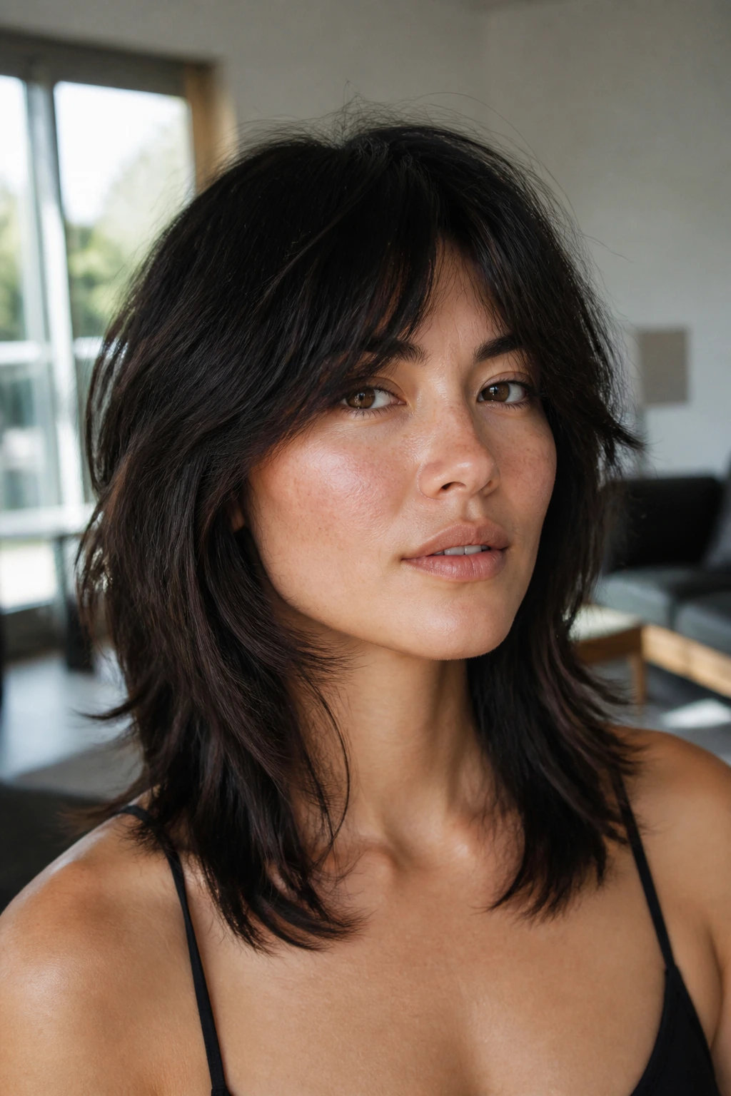 Real woman with a mid-length wolf cut around the collarbone in soft window light
