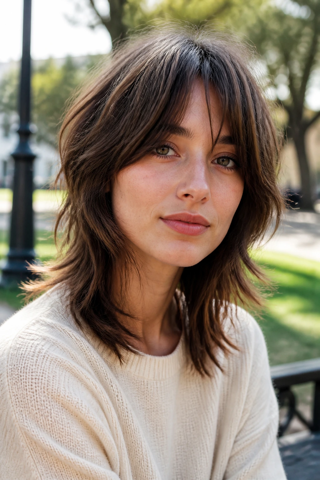 Medium close-up of real woman with mid-length wolf cut hairstyle