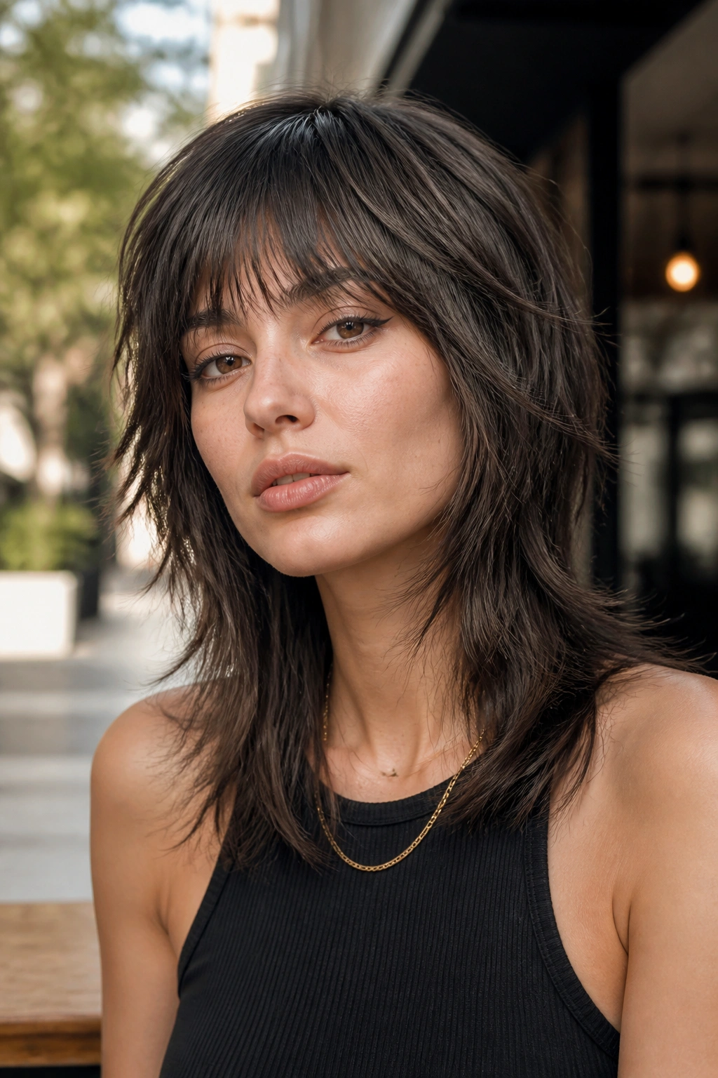 Real woman with choppy mid-length wolf cut in an urban cafe setting.