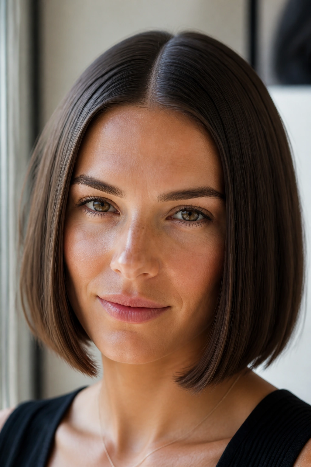 Portrait of a woman with a pin-straight middle part and blunt short cut