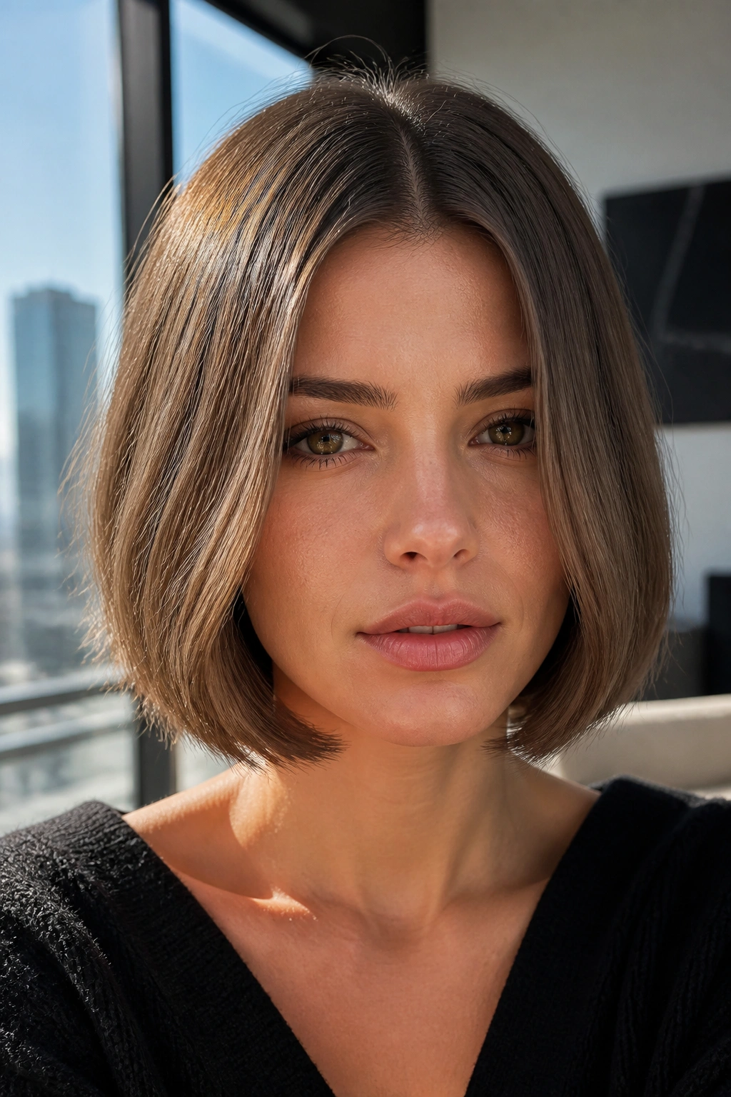 Close-up portrait of a real woman with a middle-part chin-length bob and centered part.