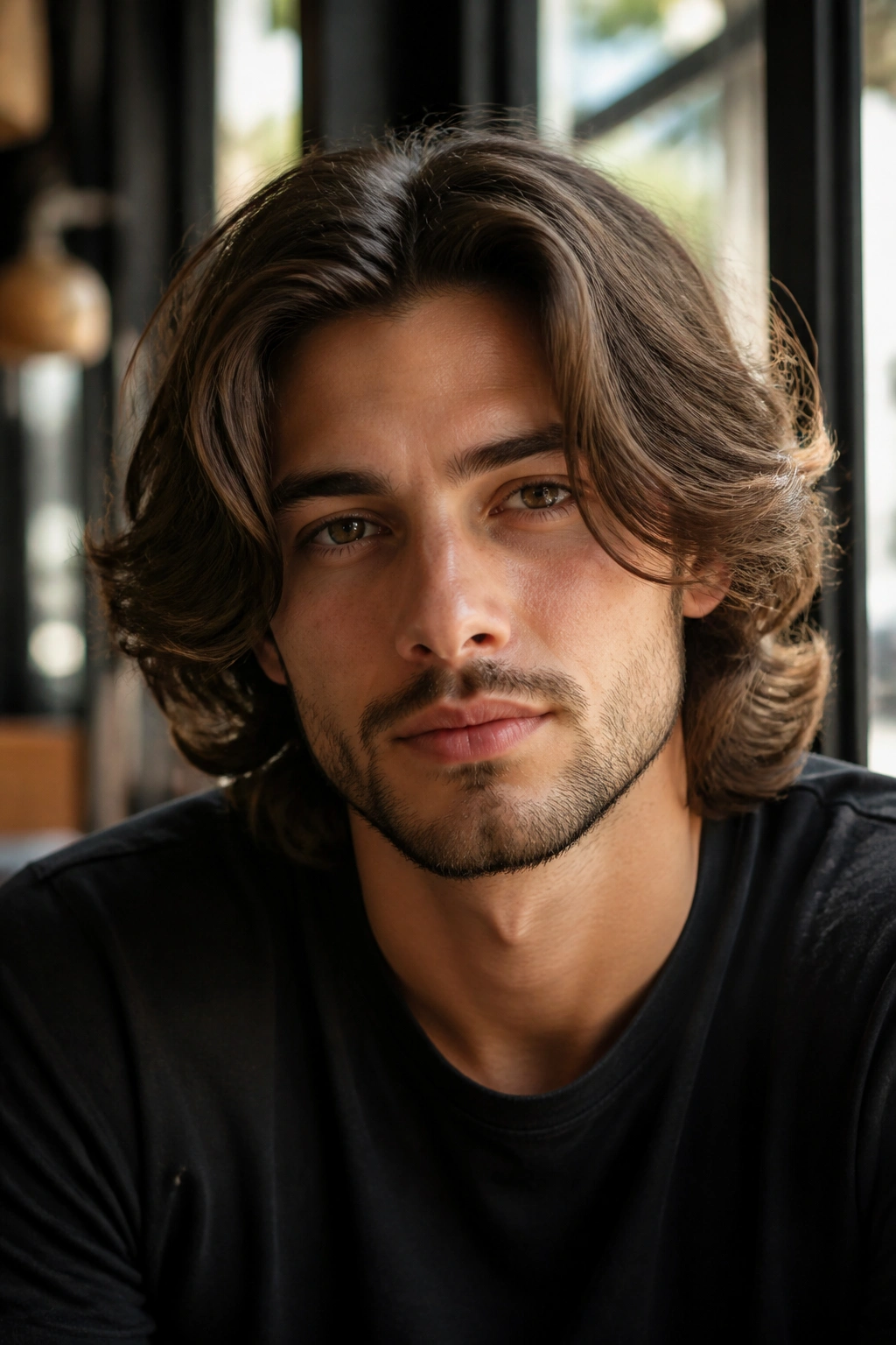 Close-up of a man with middle-part curtains in long wavy hair