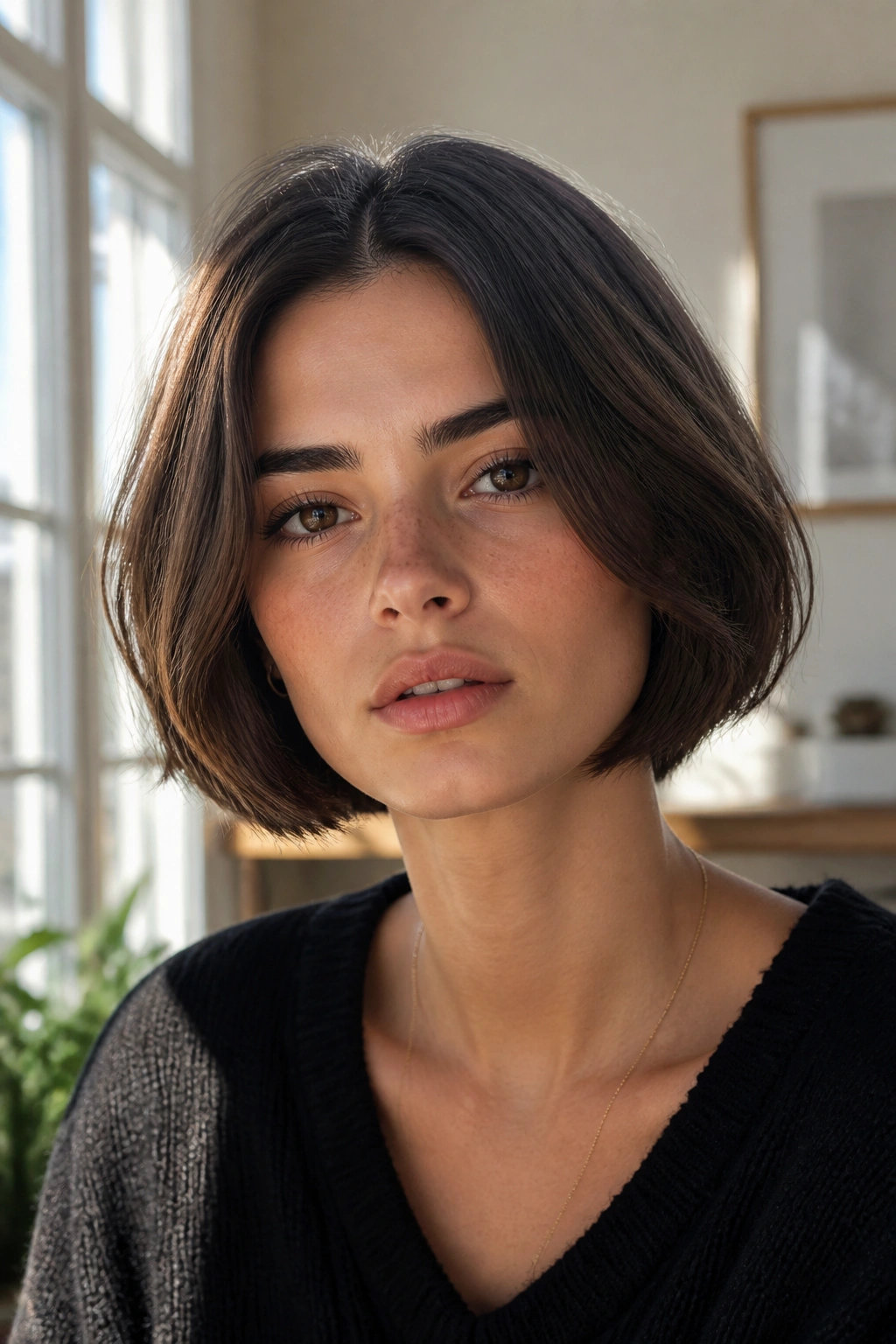 Portrait of a real woman with a middle-part French bob in natural daylight