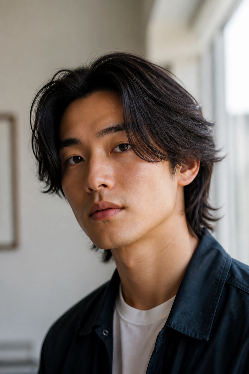 Portrait of an Asian man with a middle part and layered movement in hair.