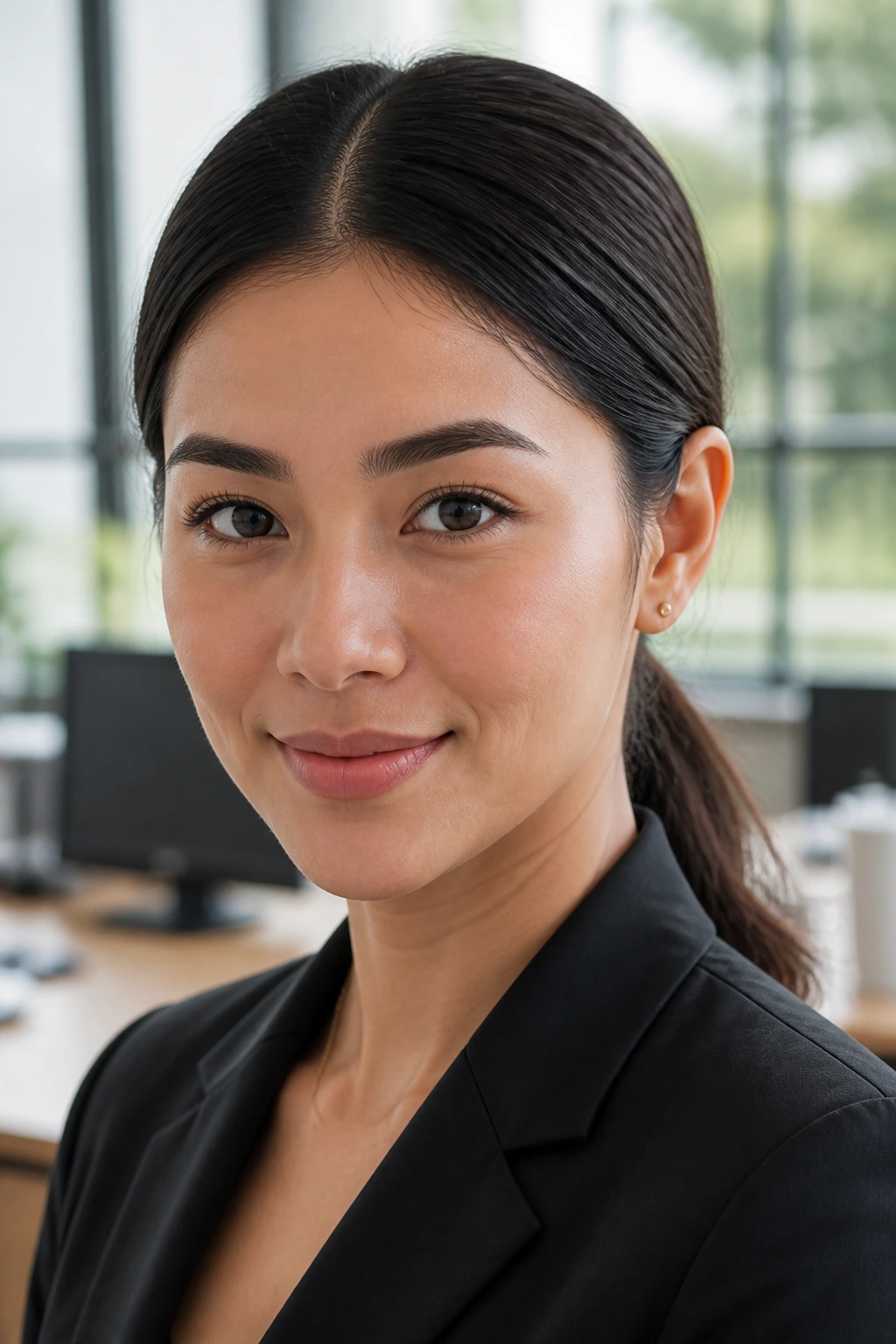 Portrait of a woman with a middle-part low ponytail in an office setting.