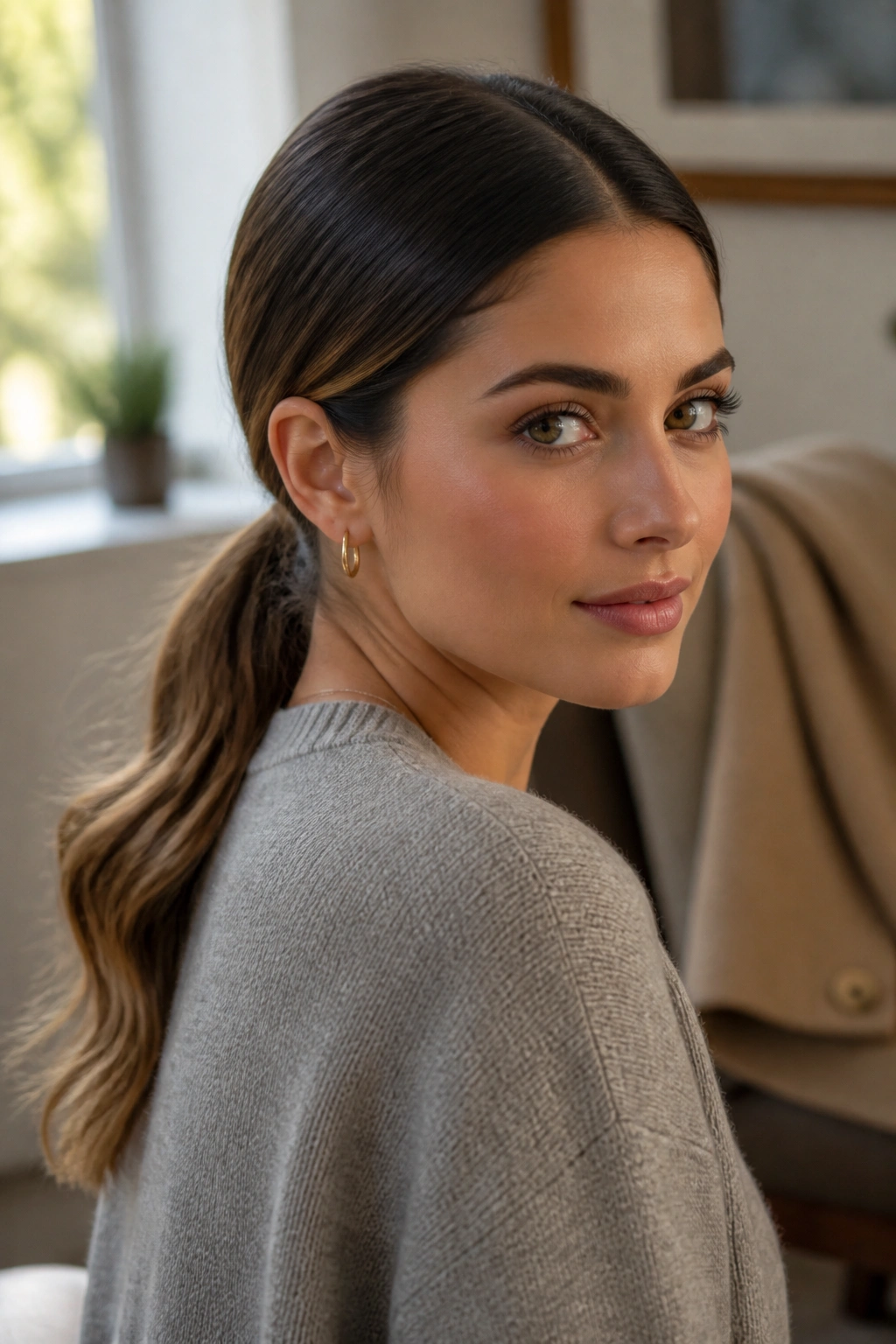 Close-up of a real woman with a middle-part low ponytail wrapped at the base in a cozy winter room