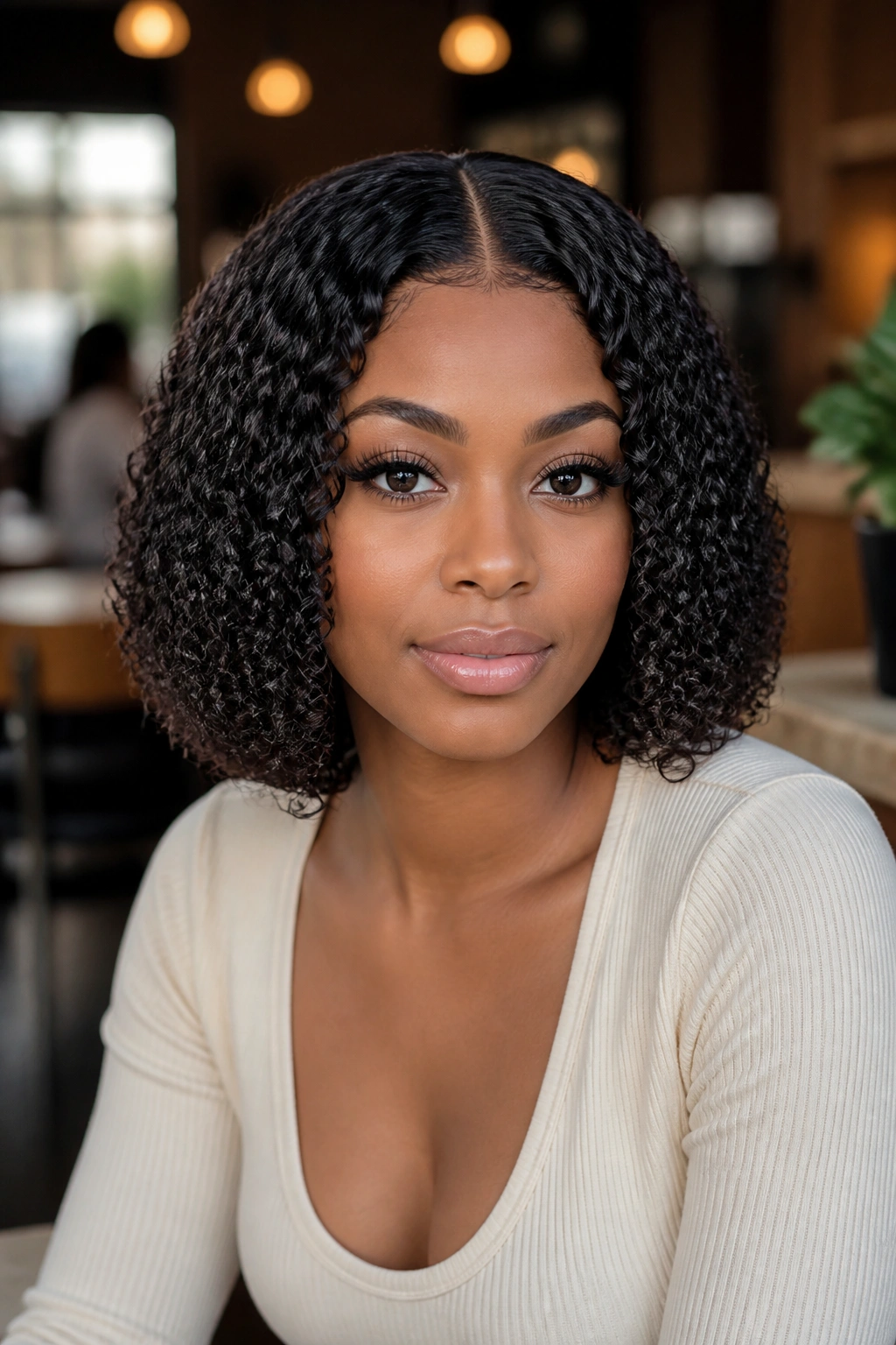 Close-up of a Black woman with a middle-part defined ringlet bob
