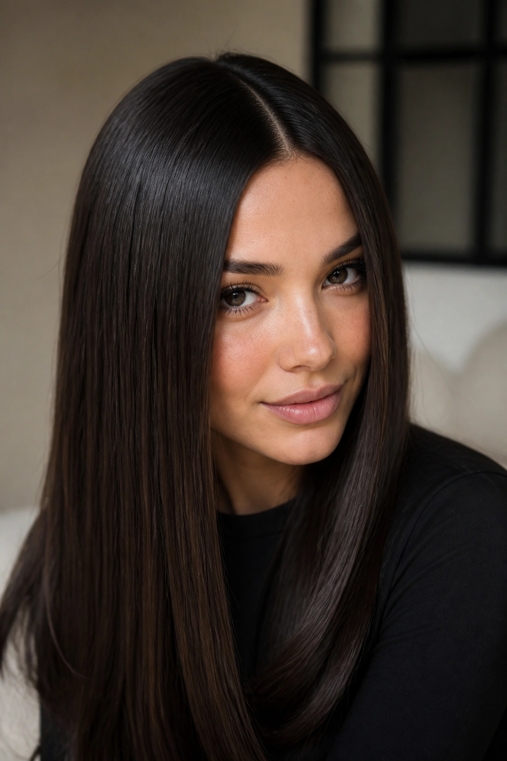 Real woman with middle-part straight hair and glossy finish