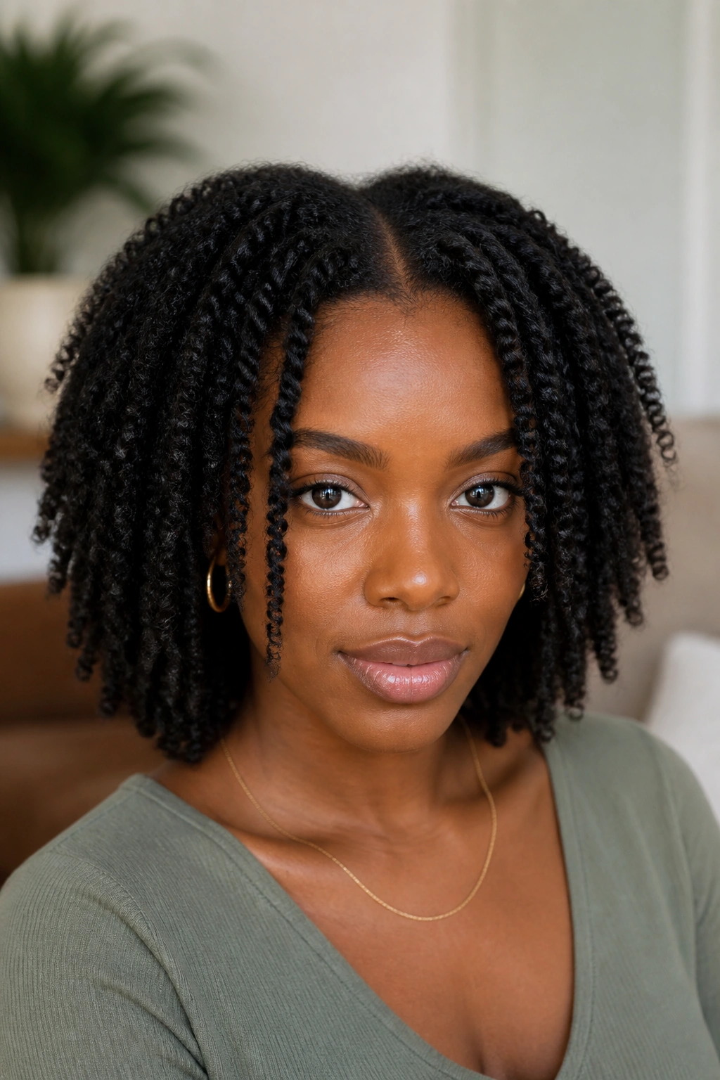 Close-up of a real woman with middle-part twist out and face-framing pieces in diffuse light.