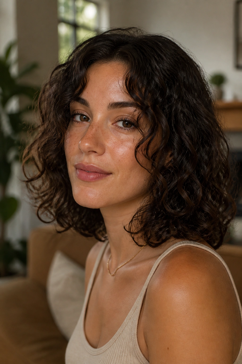 Close-up of a real person with Midi Cut featuring face-framing pieces