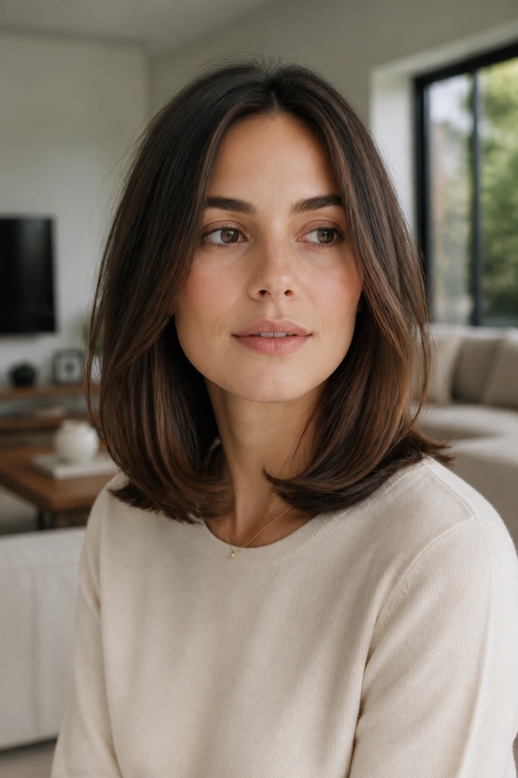 Close-up portrait of a real woman with a midi cut and flipped-in ends in natural daylight.