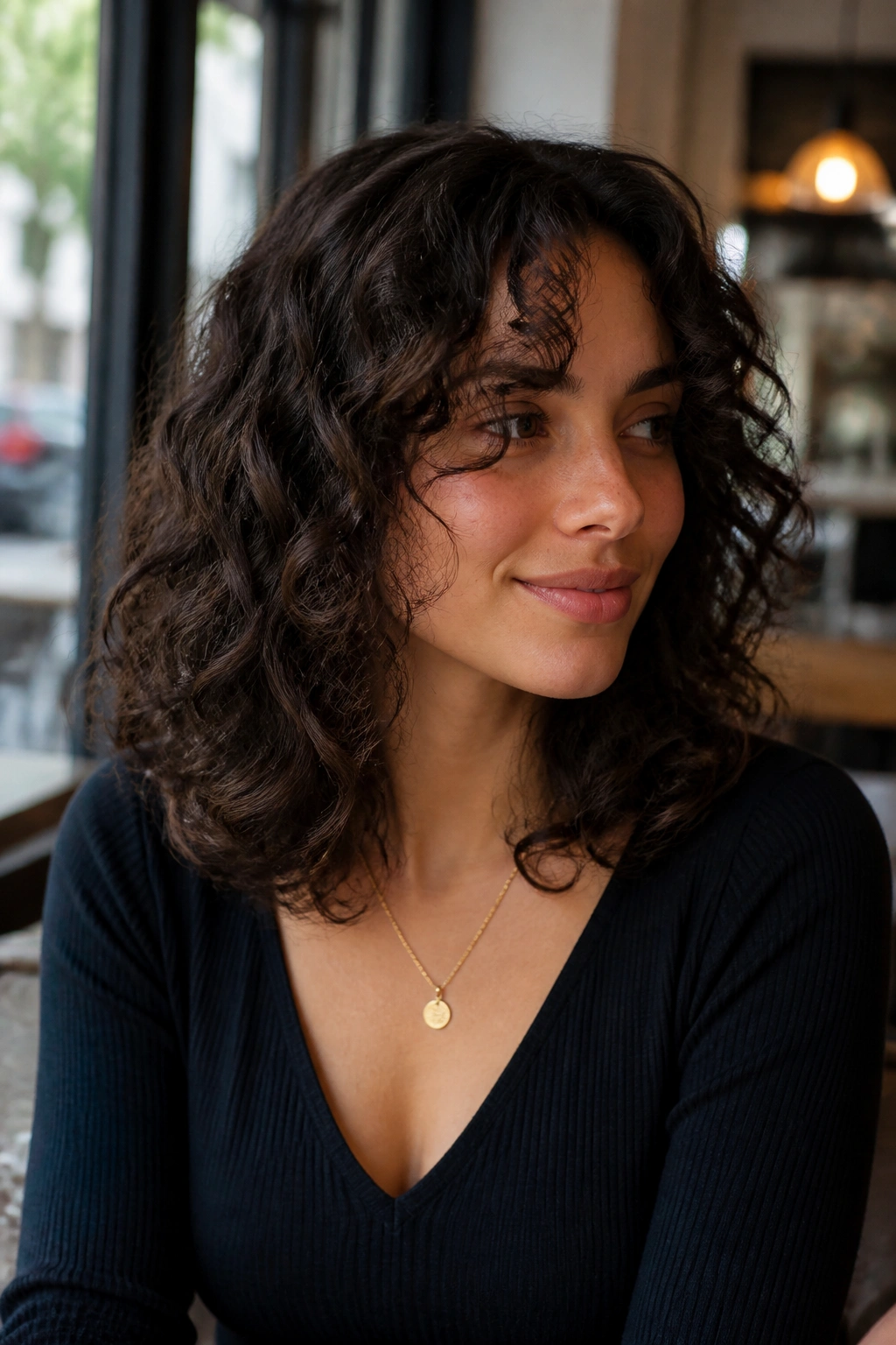 Close-up portrait of a real woman with a midi haircut showing inner layers