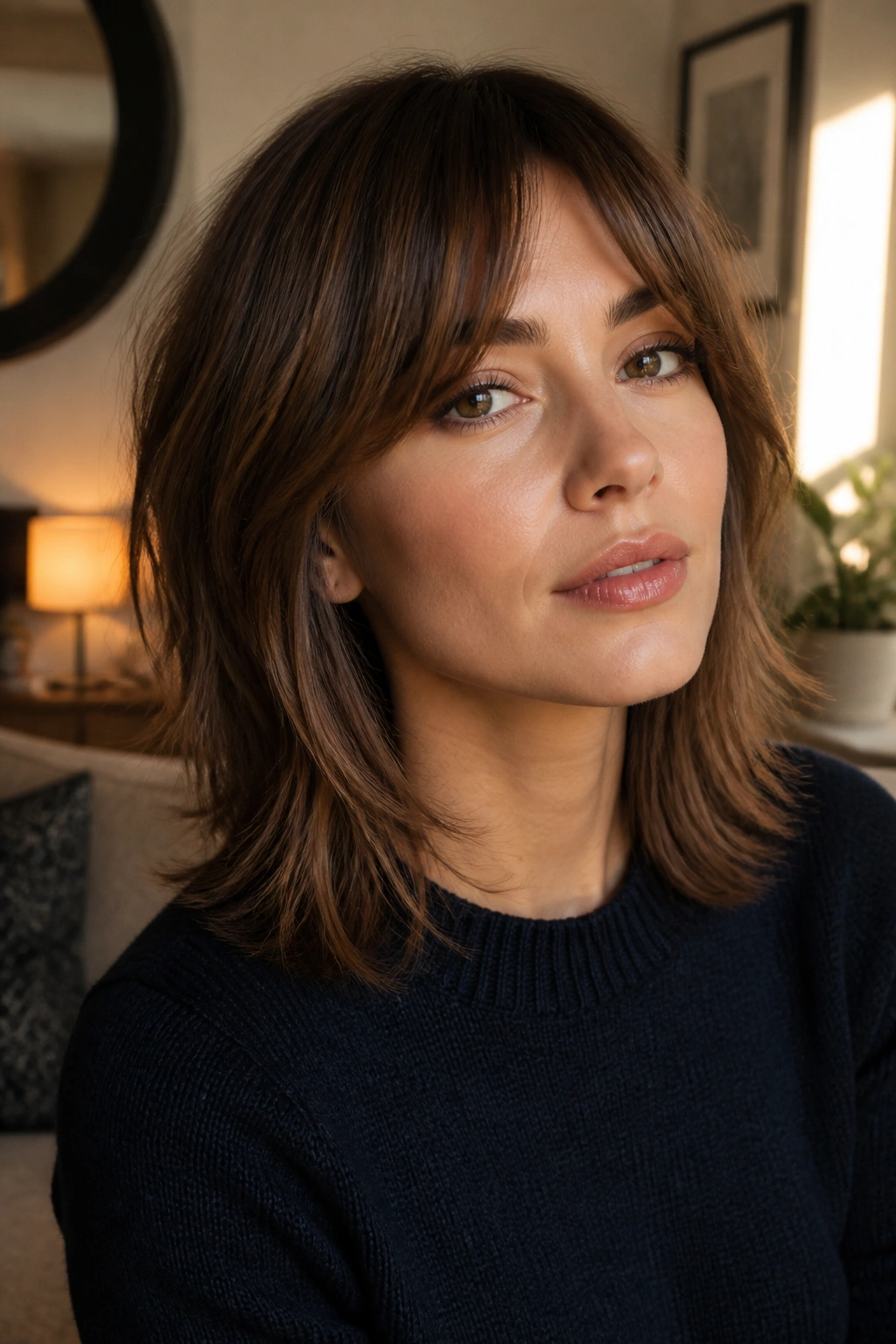 Close-up of a real woman with bottleneck bangs and midi shag hairstyle