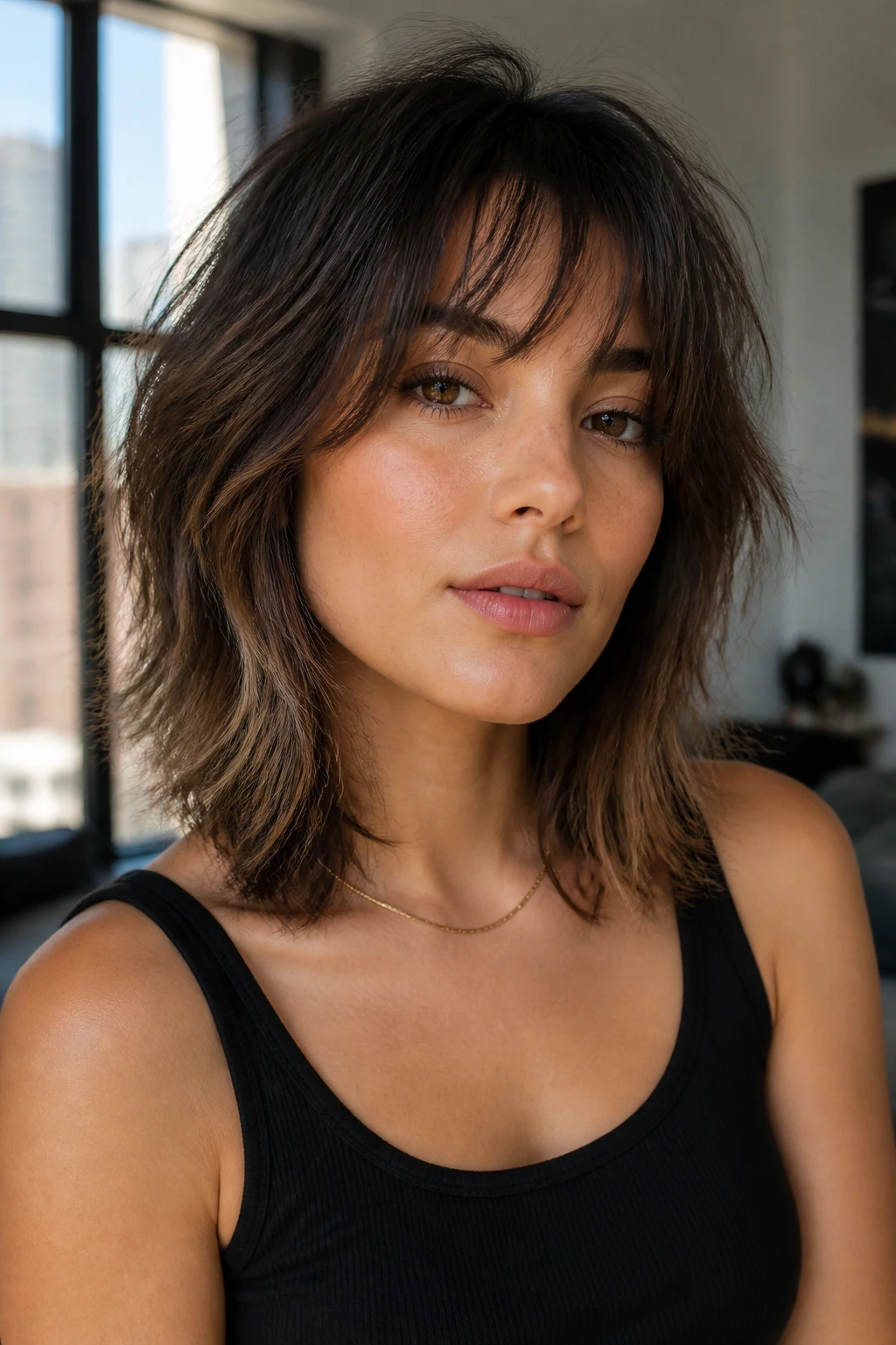 Close-up portrait of a woman with a modern midi shag haircut