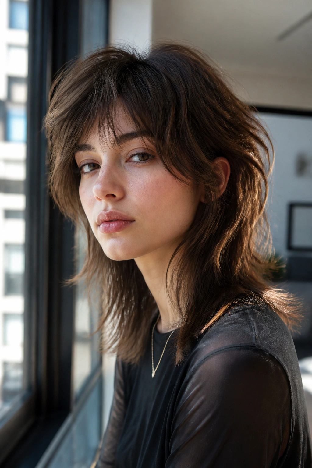 Portrait of a woman with a midi wolf cut showing volume and layered ends