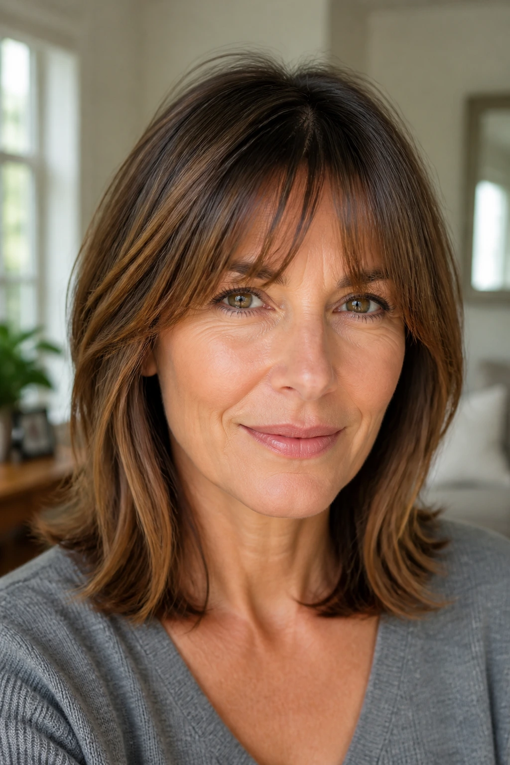 Close-up portrait of a real woman with bottleneck bangs and midlength hair.