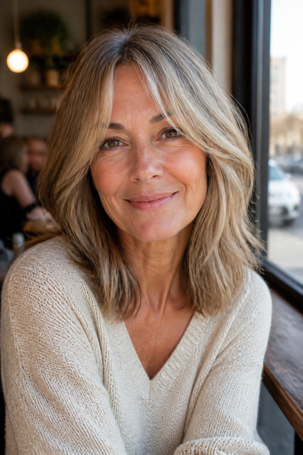 Close-up of a real woman with midlength hair and curtain fringe, softly lit by sun from a cafe window.