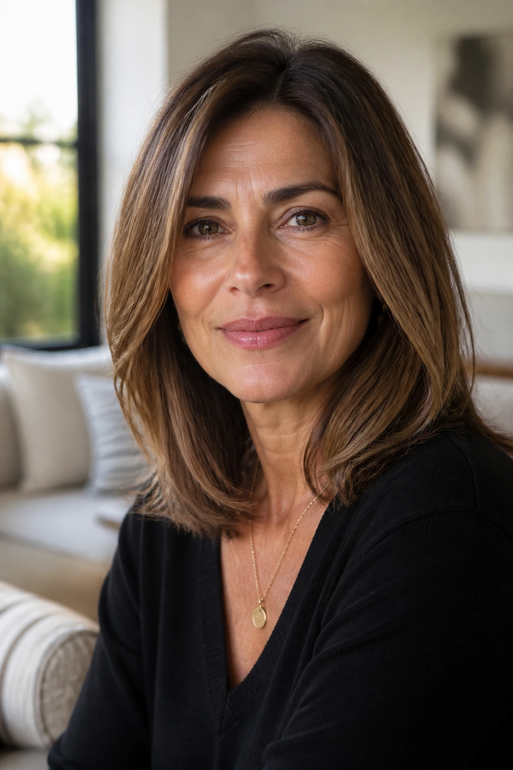Close-up portrait of a real woman with a shoulder-length midlength haircut that grows out gracefully.