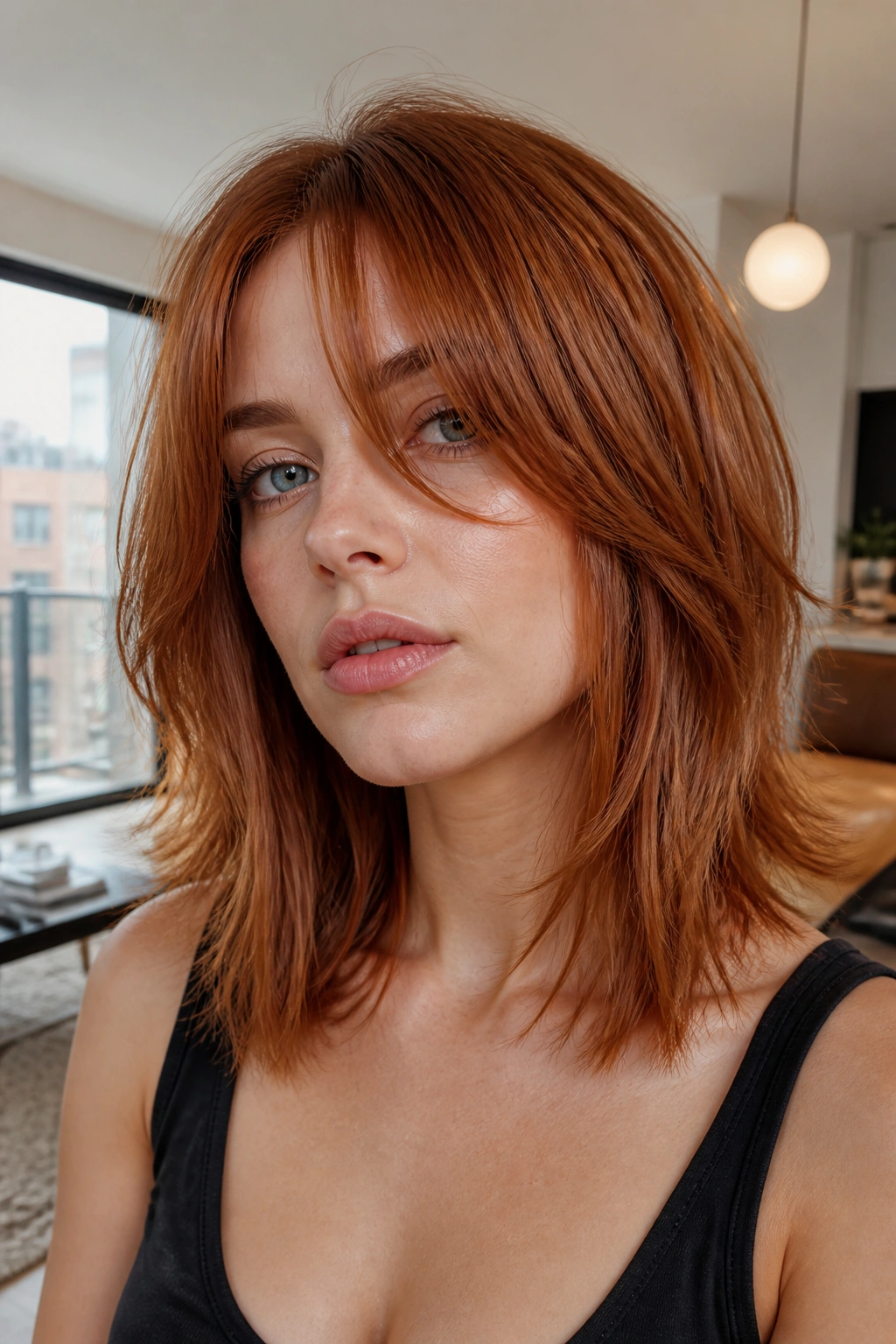 Close-up of a real person with mid-length razor-cut red hair showing airy ends