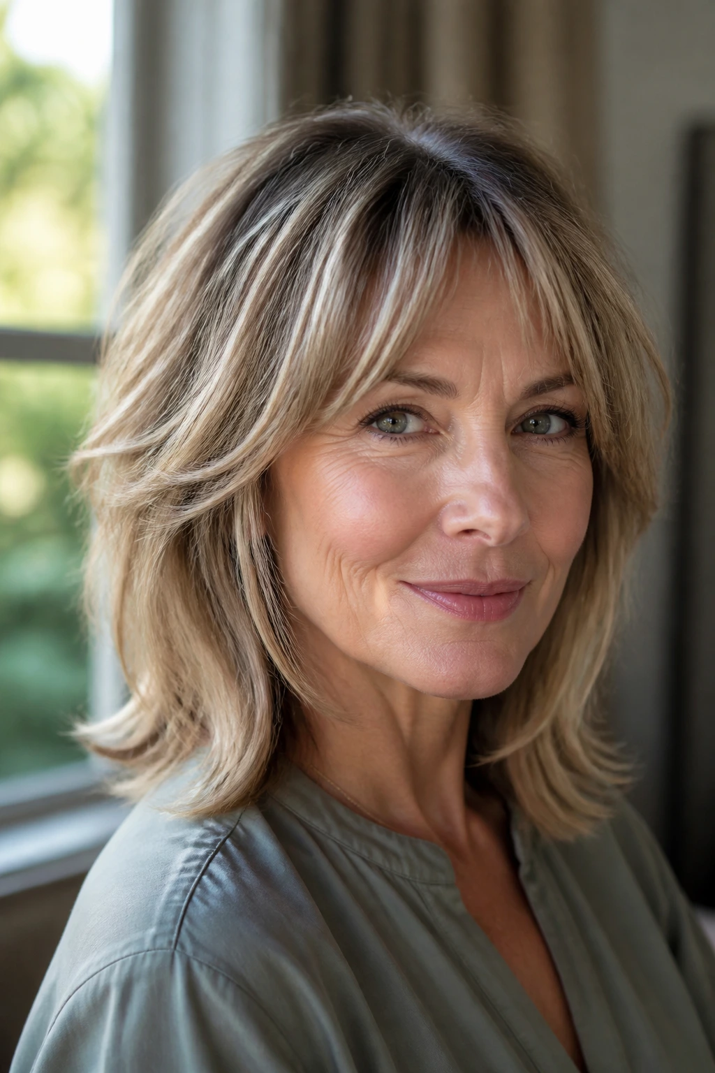 Real woman with mid-length shag and beveled ends in soft natural light