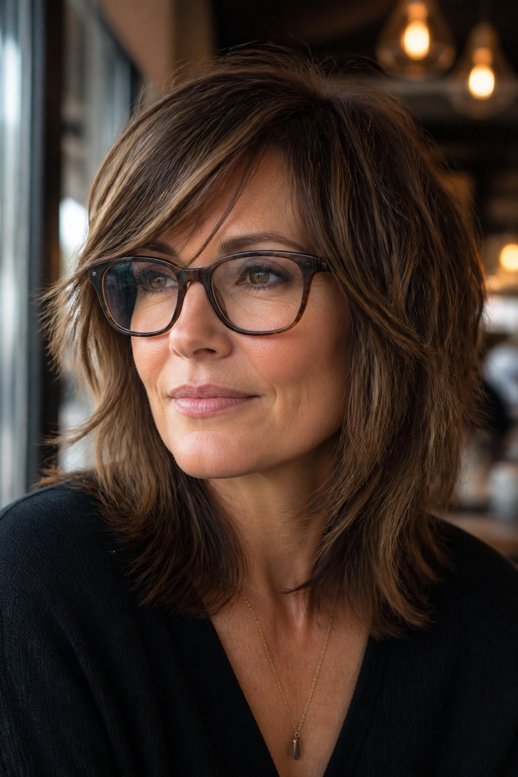Portrait of a woman with midlength shag and side fringe wearing rectangular frames.