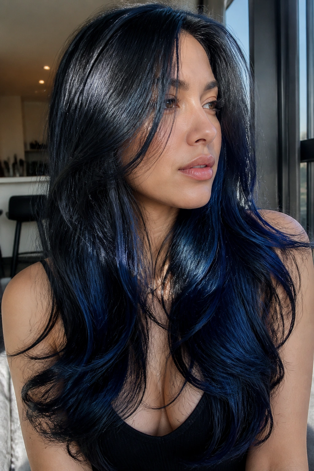 Close-up of a real woman with midnight blue-black hair and blue reflections