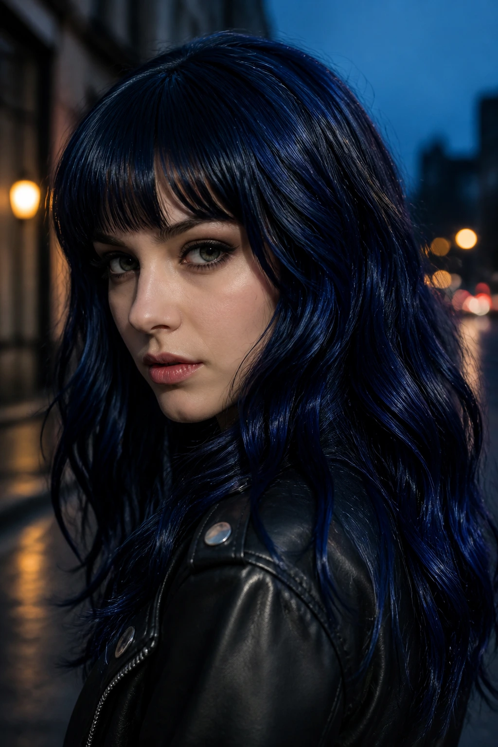 Close-up of a real person with midnight-blue hair under moody lighting