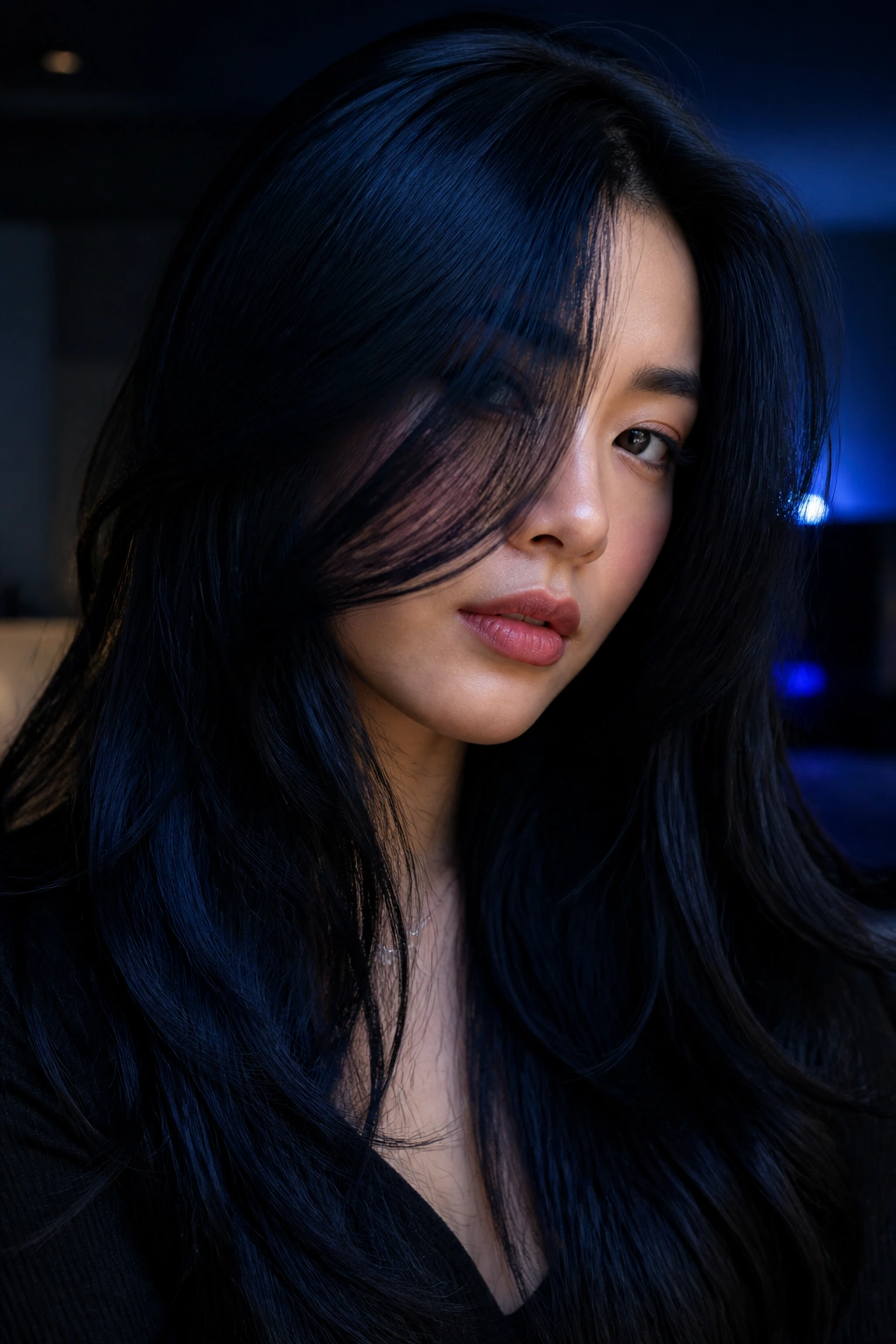 Close-up portrait of midnight blue-black hair on a real person in a moody indoor setting