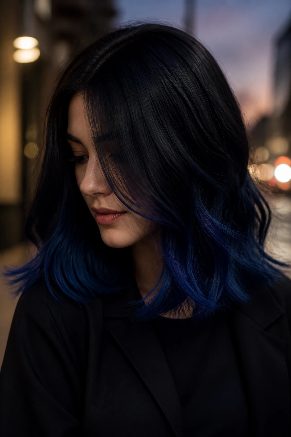 Close-up of a real woman with midnight blue ombre hair