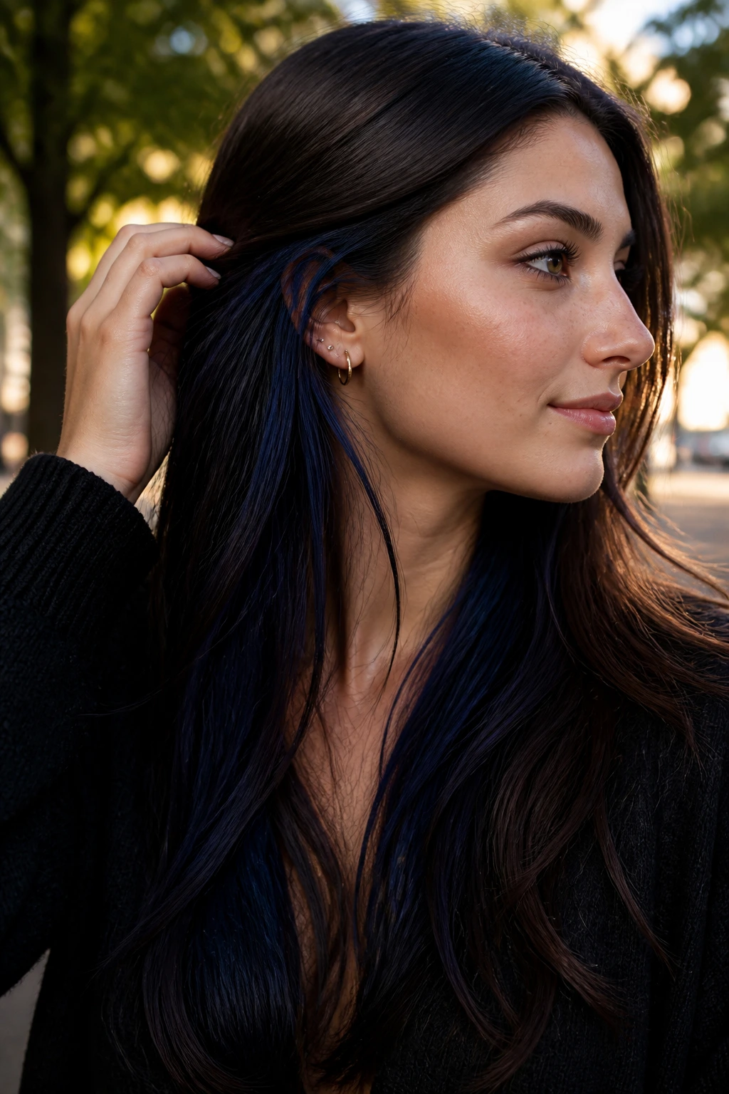 Close-up of a real woman with long hair revealing midnight blue peekaboo panels