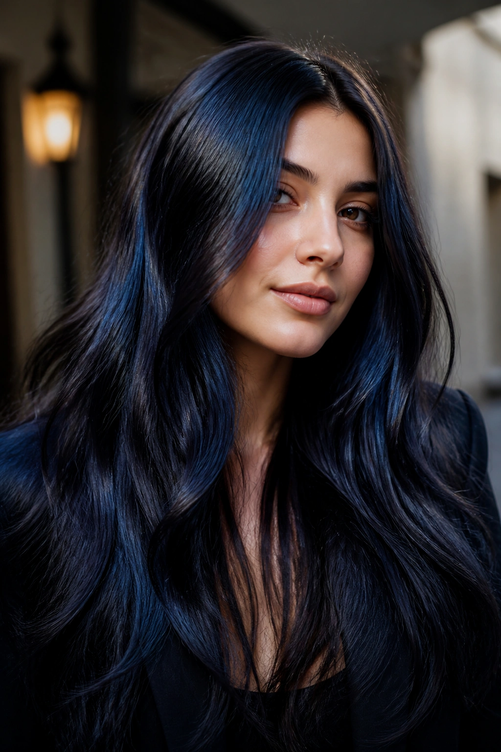 Close-up of long dark hair with a midnight blue sheen
